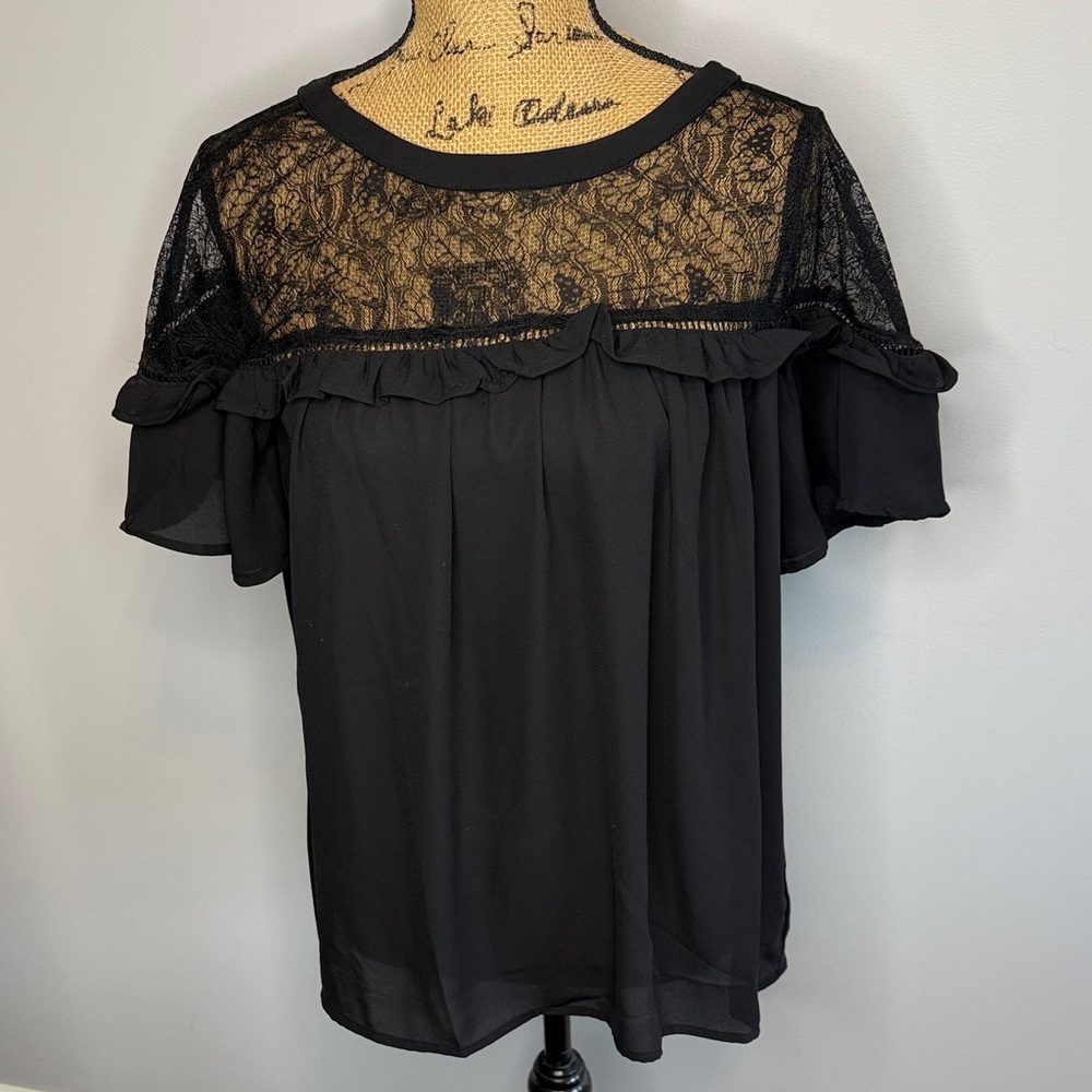 Doe & Rae Black Lace Blouse with Ruffle, Small